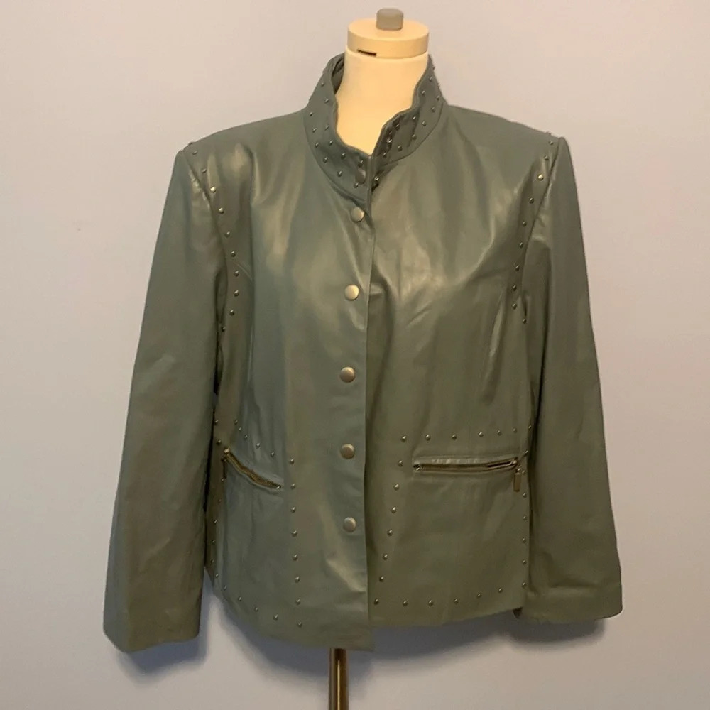 Pamela McCoy size 2x studded leather Moto jacket gray blue pockets